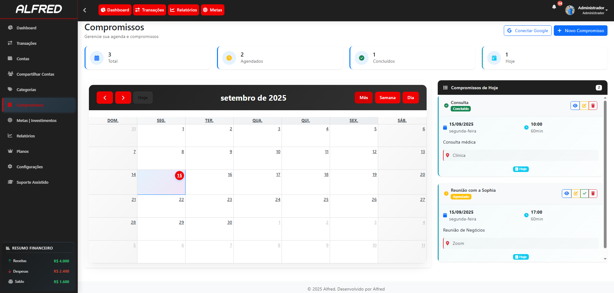Tela de Compromissos Alfred